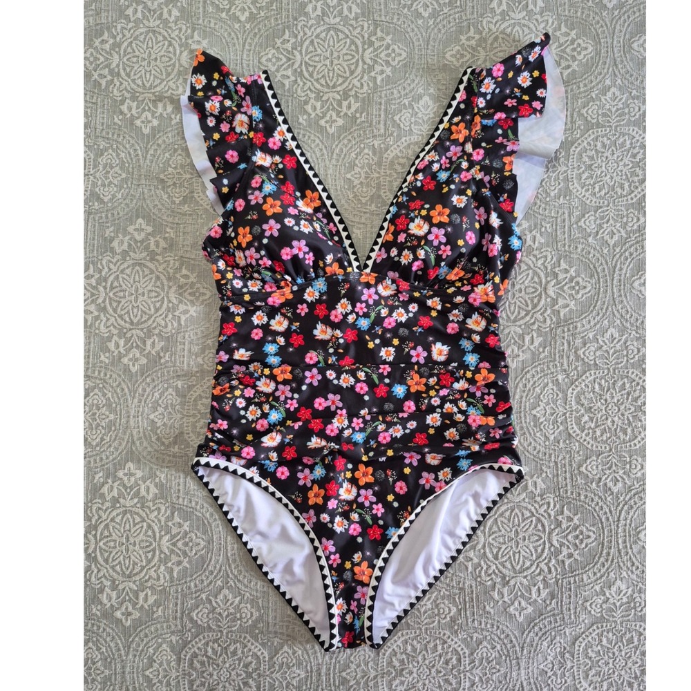 Aidonger Floral One Piece Swimsuit‎ Ruffle V-Neck Black Multicolor XL NWT